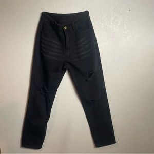 Black High Rise Straight Leg Jeans with Distressed Holes on Front Legs Size 29